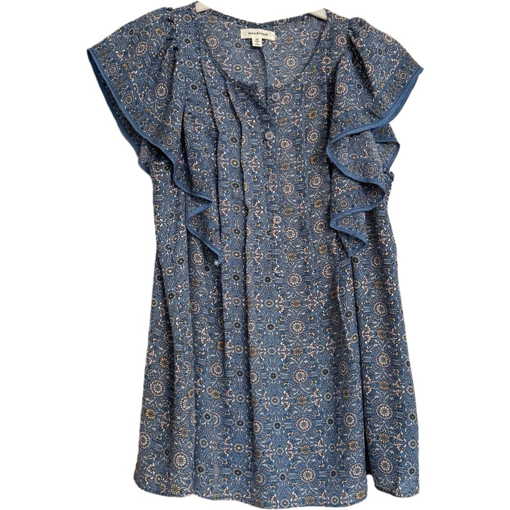 Max Studio Blouse Top Sz XS Blue White Floral Ruffle Summer Spring Easter Casual